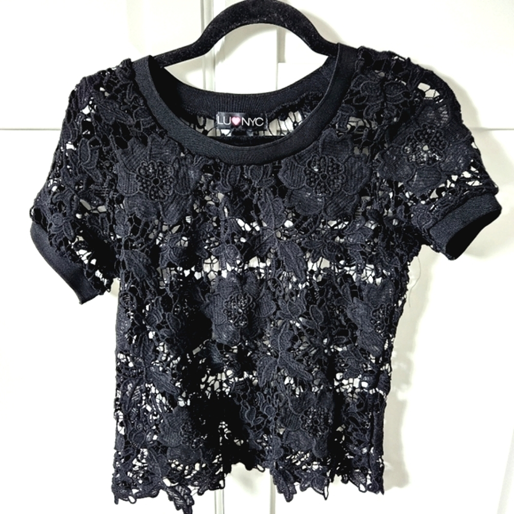 LU NYC Black floral lace embroidered blouse